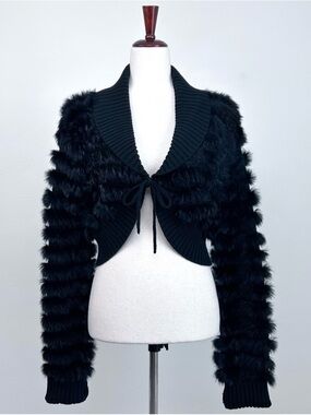 Chesley Black Genuine Rabbit Fur Mob Wife Y2K Knit Cropped Bolero Shrug Cardigan